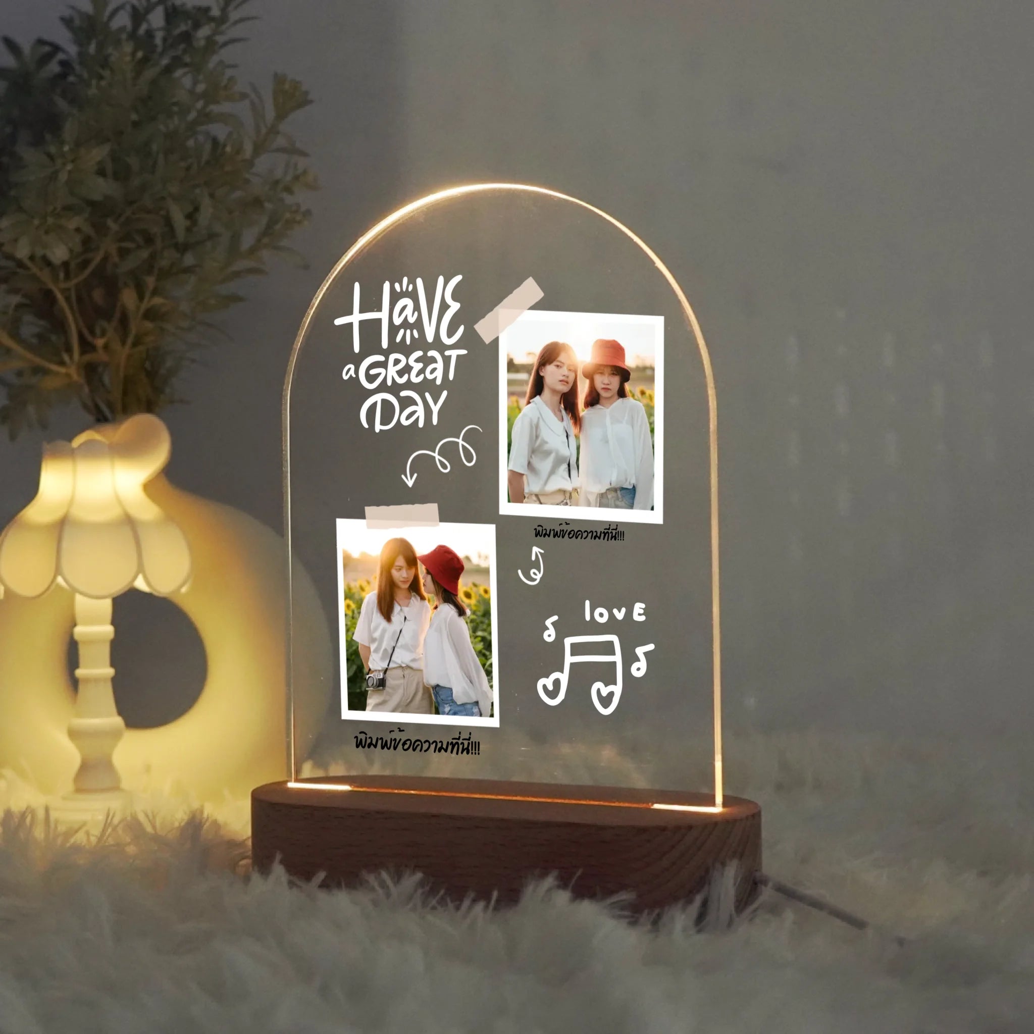 โคมไฟอะคริลิก พิมพ์ UV คุณภาพสูง พร้อมฐานตั้งและไฟ LED