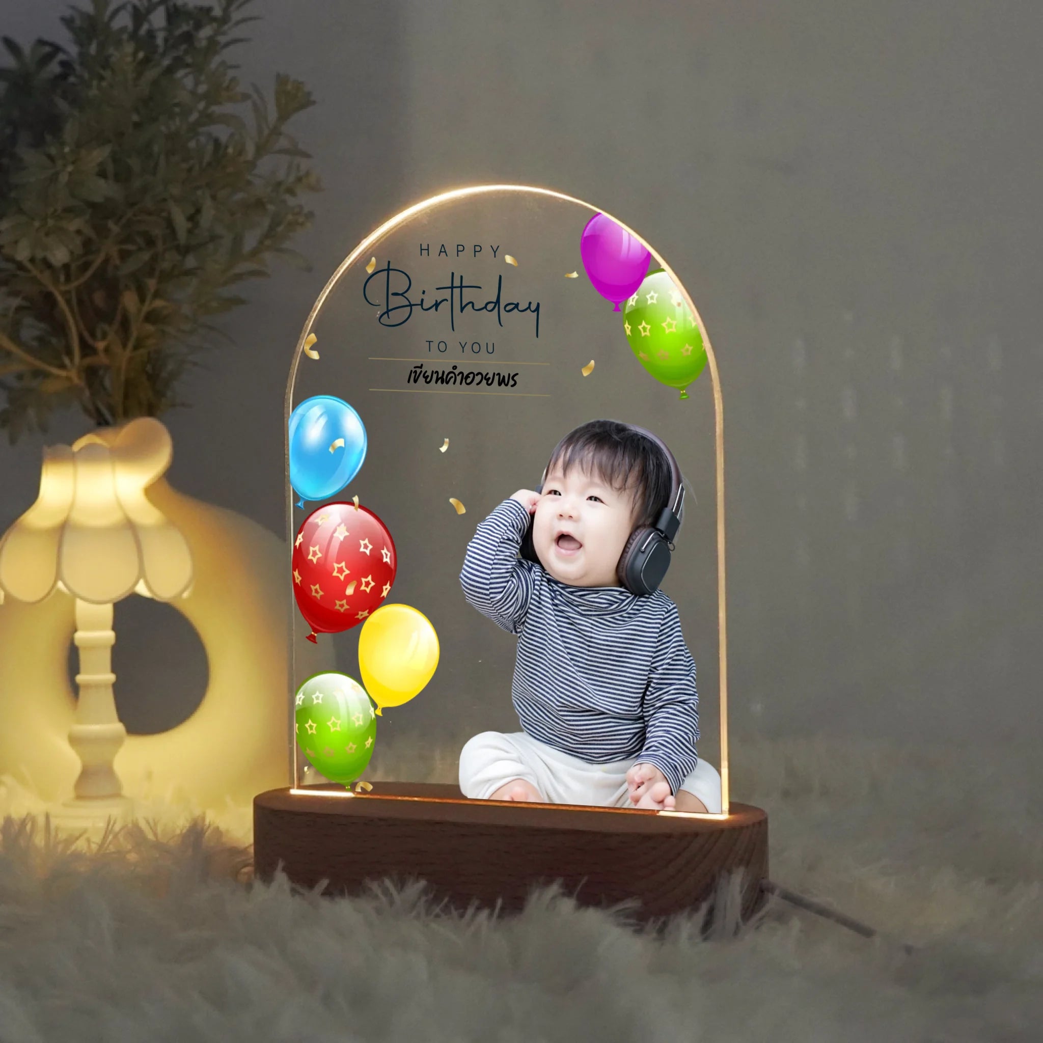 โคมไฟอะคริลิก พิมพ์ UV คุณภาพสูง พร้อมฐานตั้งและไฟ LED