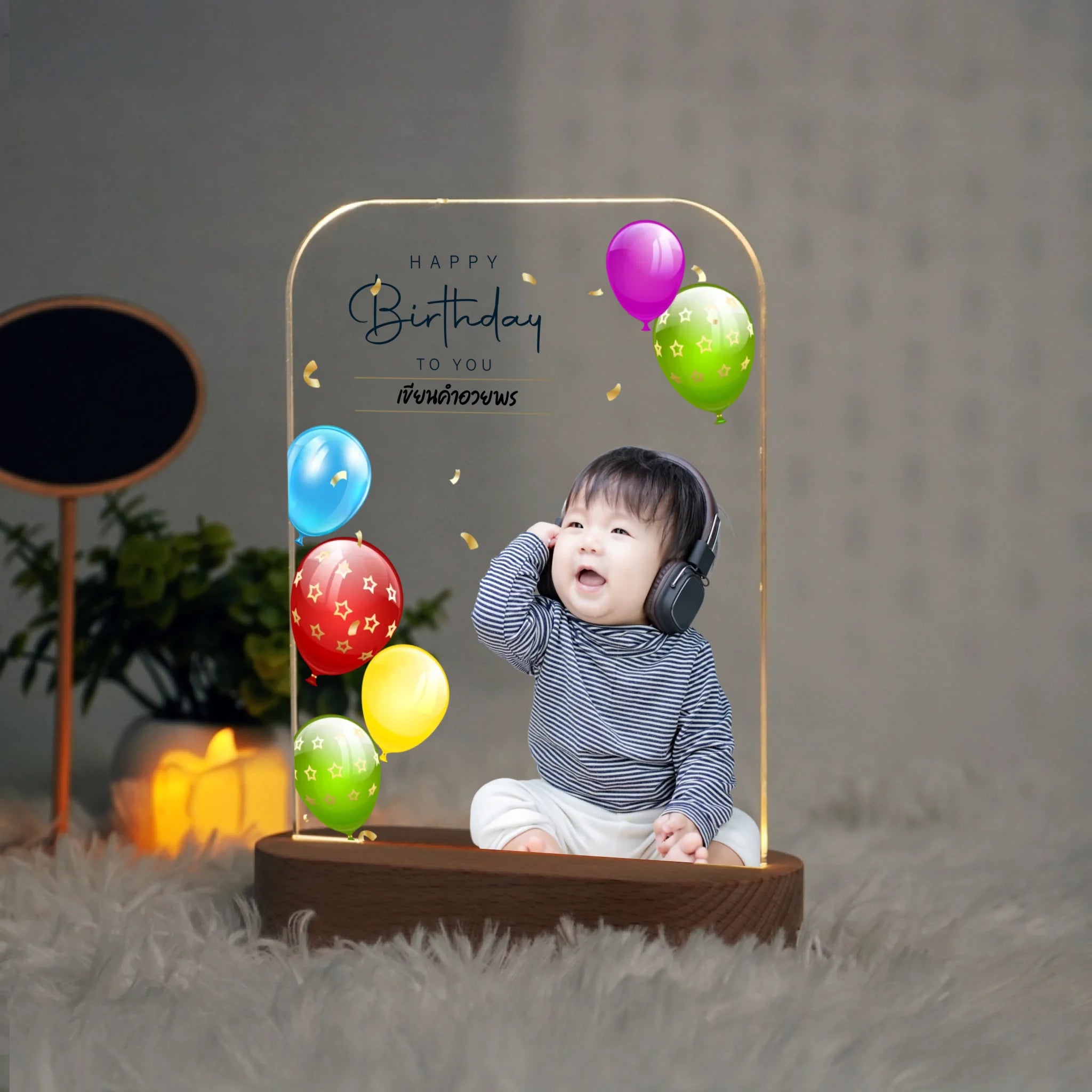 โคมไฟอะคริลิก พิมพ์ UV คุณภาพสูง พร้อมฐานตั้งและไฟ LED