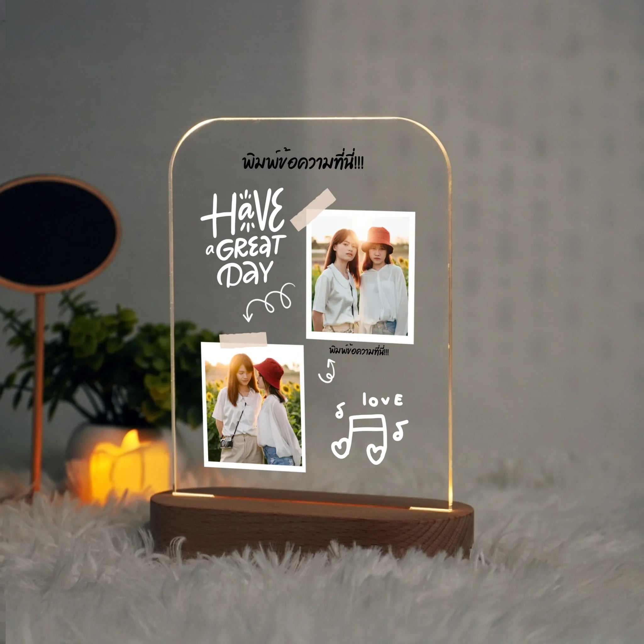 โคมไฟอะคริลิก พิมพ์ UV คุณภาพสูง พร้อมฐานตั้งและไฟ LED